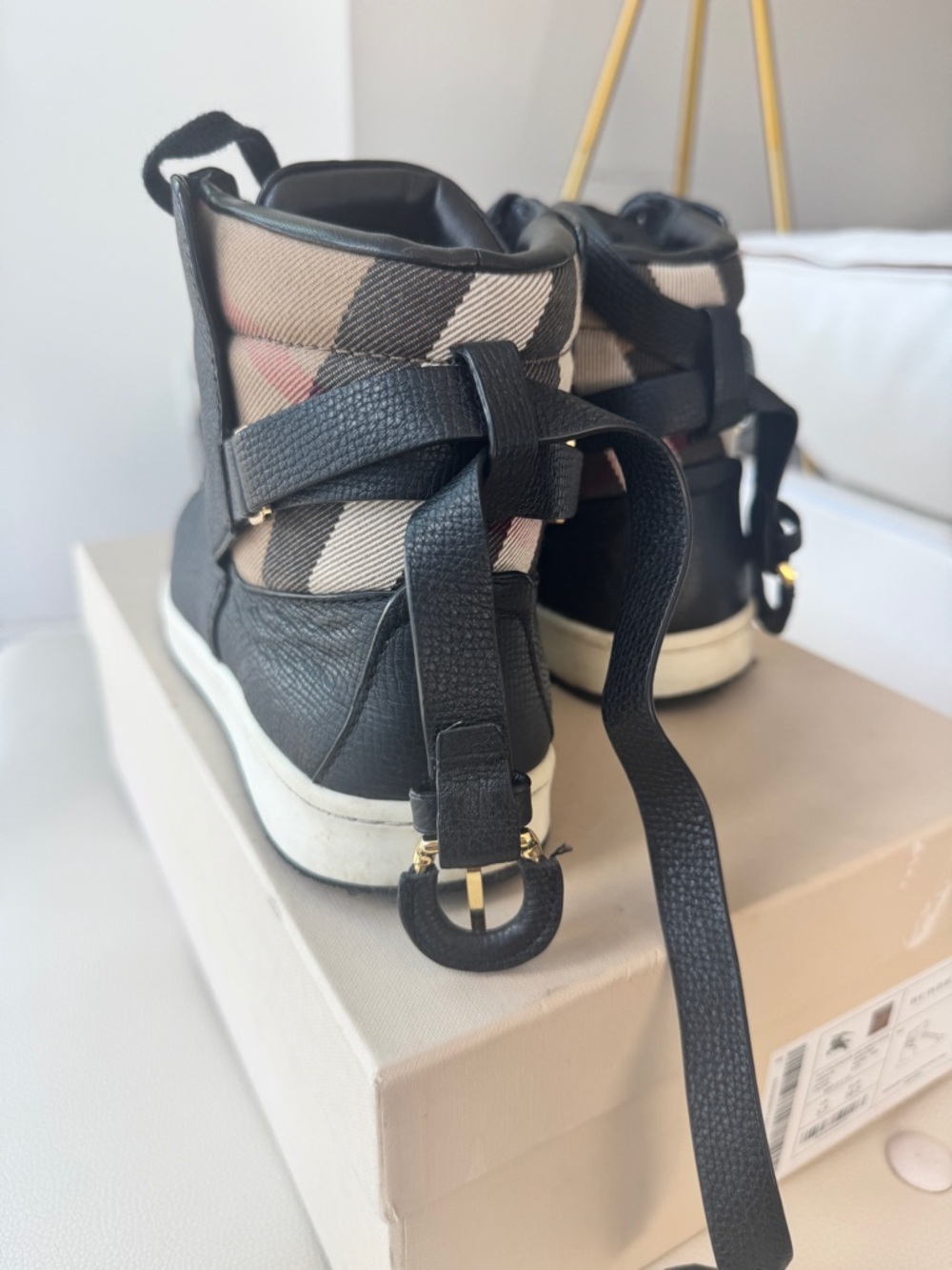 Burberry Black Leather High-Top Sneakers with Signature Check Accent - Picture 4 of 6